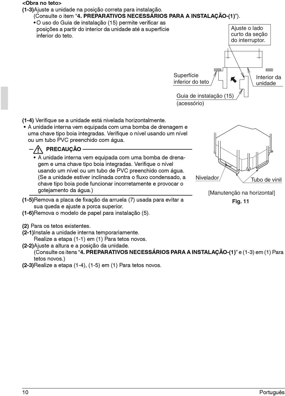 Superfície inferior do teto Interior da unidade Guia de instalação (15) (acessório) (1-4) Verifique se a unidade está nivelada horizontalmente.