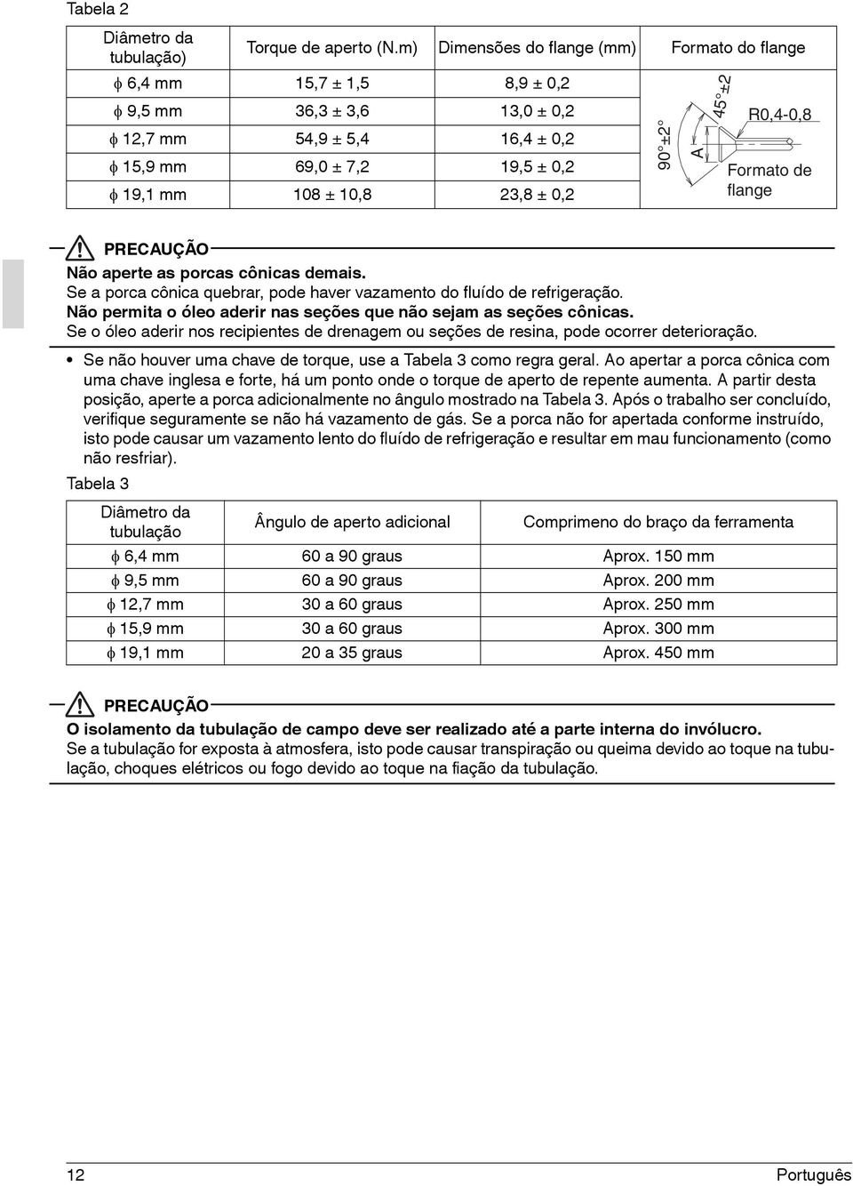 A 45 ±2 R0,4-0,8 Formato de flange PRECAUÇÃO Não aperte as porcas cônicas demais. Se a porca cônica quebrar, pode haver vazamento do fluído de refrigeração.