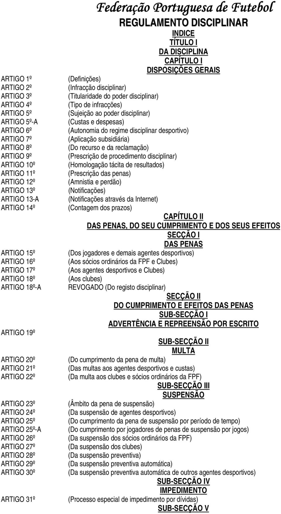Portuguesa de Futebol REGULAMENTO DISCIPLINAR INDICE TÍTULO I DA DISCIPLINA CAPÍTULO I DISPOSIÇÕES GERAIS (Definições) (Infracção disciplinar) (Titularidade do poder disciplinar) (Tipo de infracções)