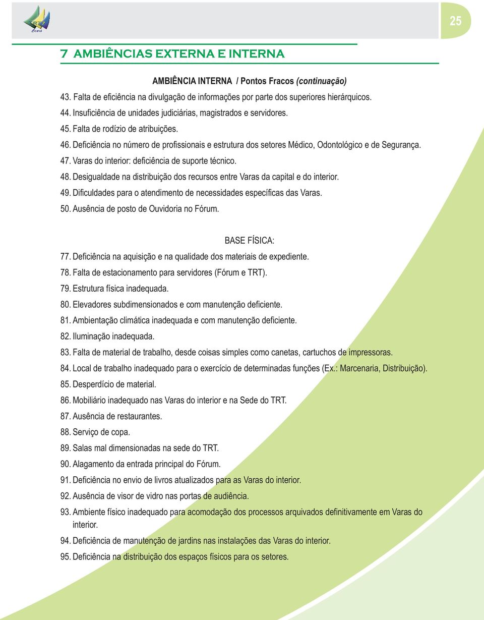 Deficiência no número de profissionais e estrutura dos setores Médico, Odontológico e de Segurança. 47. Varas do interior: deficiência de suporte técnico. 48.