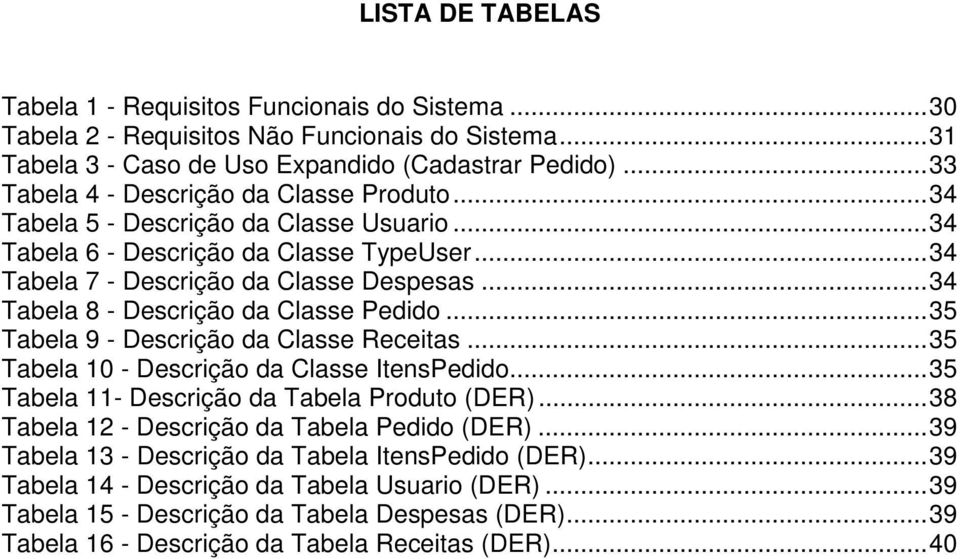 .. 34 Tabela 8 - Descrição da Classe Pedido... 35 Tabela 9 - Descrição da Classe Receitas... 35 Tabela 10 - Descrição da Classe ItensPedido... 35 Tabela 11- Descrição da Tabela Produto (DER).