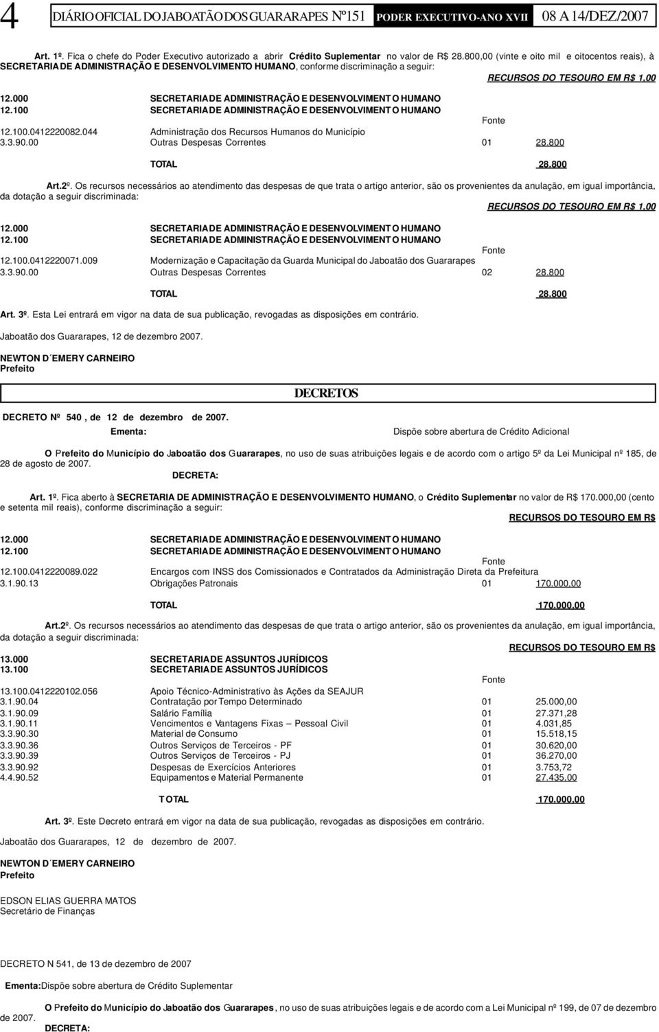 100 SECRETARIA DE ADMINISTRAÇÃO E DESENVOLVIMENT O HUMANO 12.100.0412220082.044 Administração dos Recursos Humanos do Município 3.3.90.00 Outras Despesas Correntes 01 28.800 TOTAL 28.800 Art.2º.