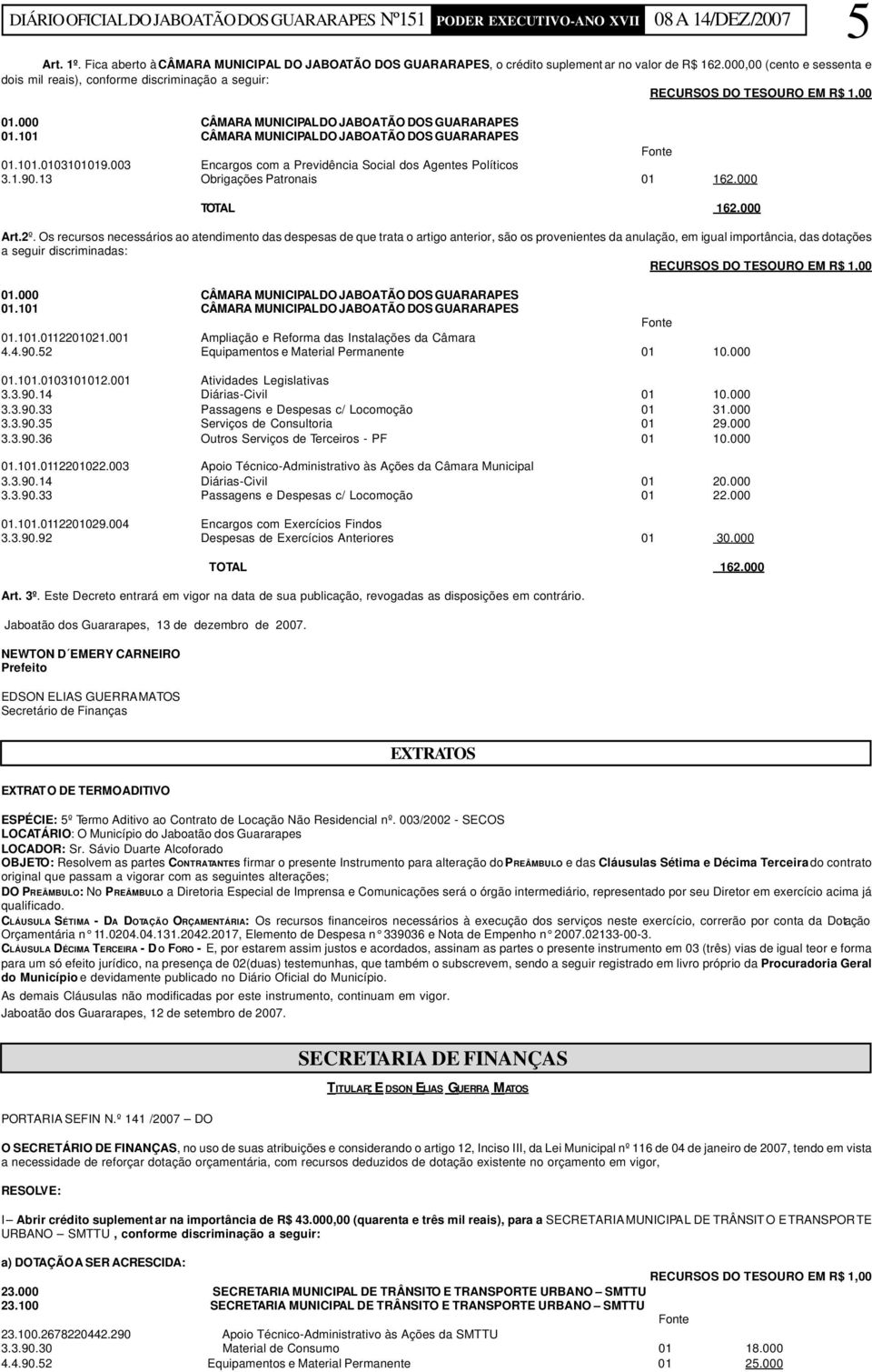 003 Encargos com a Previdência Social dos Agentes Políticos 3.1.90.13 Obrigações Patronais 01 162.000 TOTAL 162.000 Art.2º.