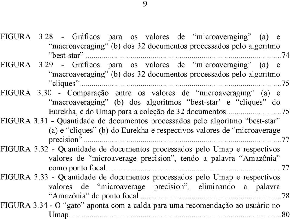 30 - Comparação entre os valores de microaveraging (a) e macroaveraging (b) dos algoritmos best-star e cliques do Eurekha, e do Umap para a coleção de 32 documentos...75 FIGURA 3.