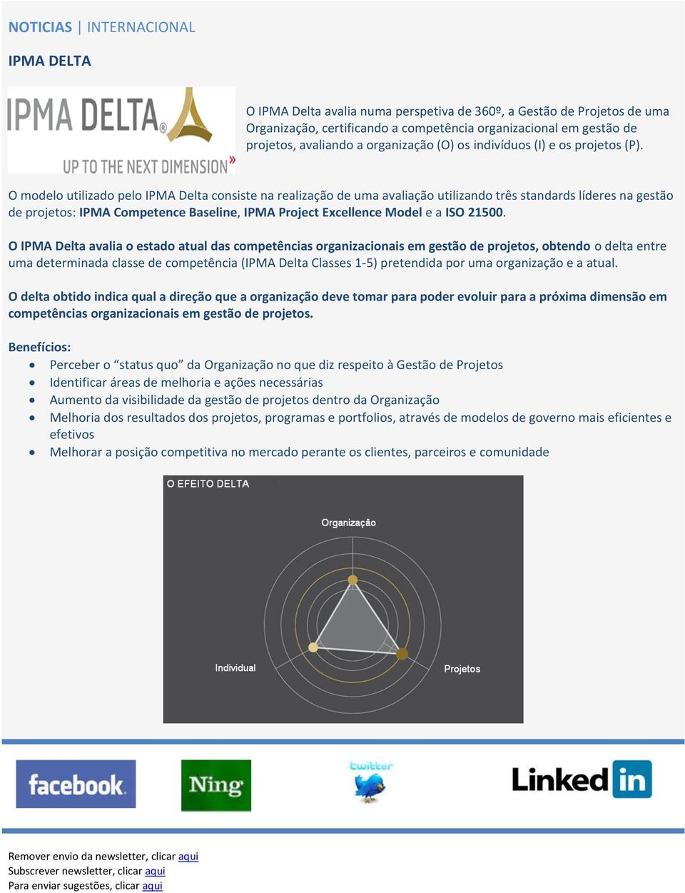 O modelo utilizado pelo IPMA Delta consiste na realização de uma avaliação utilizando três standards líderes na gestão de projetos: IPMA Competence Baseline, IPMA Project Excellence Model e a ISO