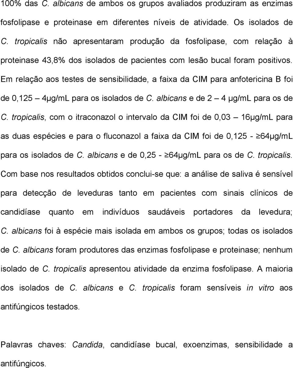 Em relação aos testes de sensibilidade, a faixa da CIM para anfotericina B foi de 0,125 4µg/mL para os isolados de C. albicans e de 2 4 µg/ml para os de C.