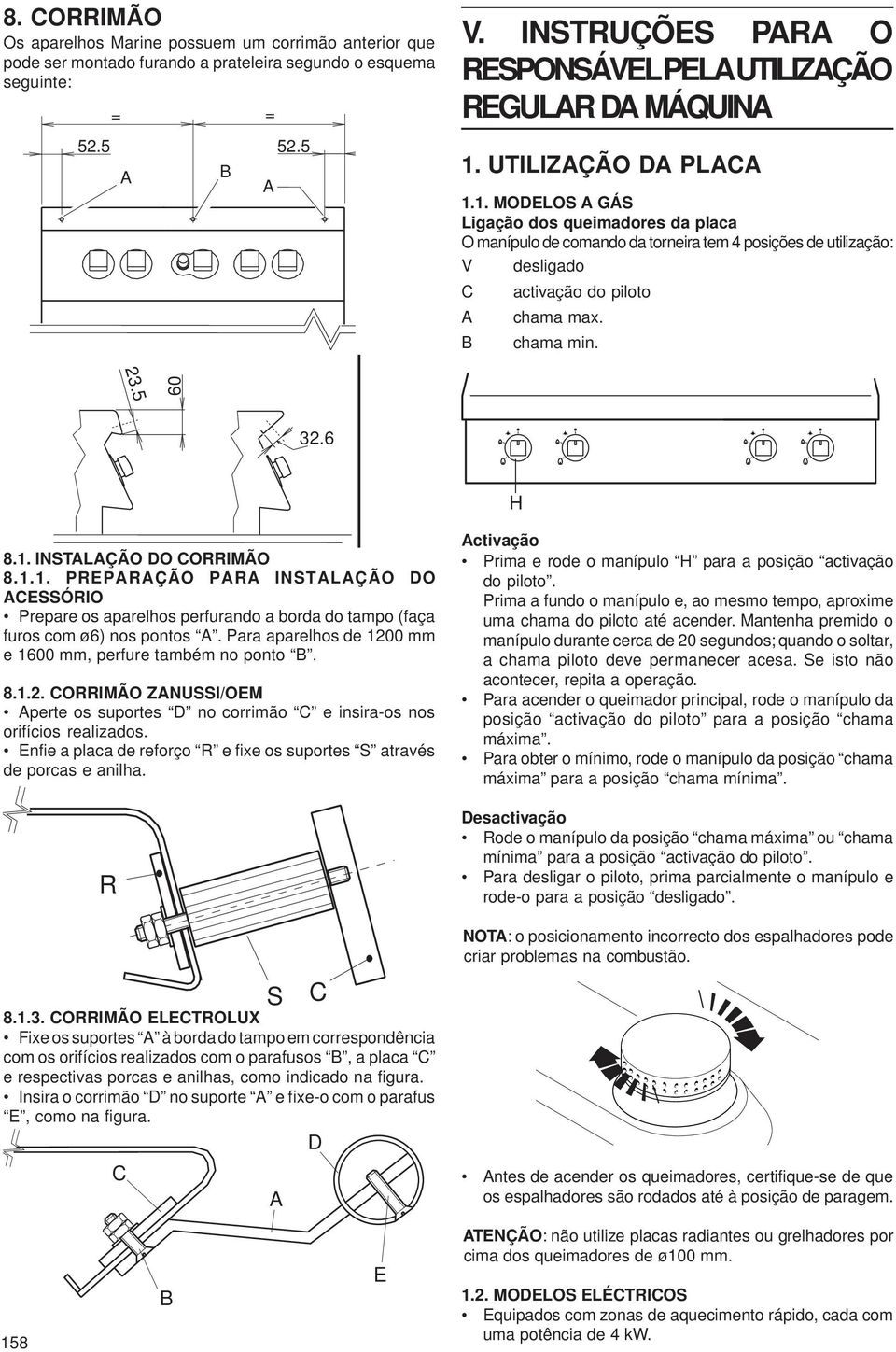 . MODELOS A GÁS Ligação dos queimadores da placa O manípulo de comando da torneira tem 4 posições de utilização: V desligado C activação do piloto A chama max. B chama min. A 23.5 6 32.6 H 8.