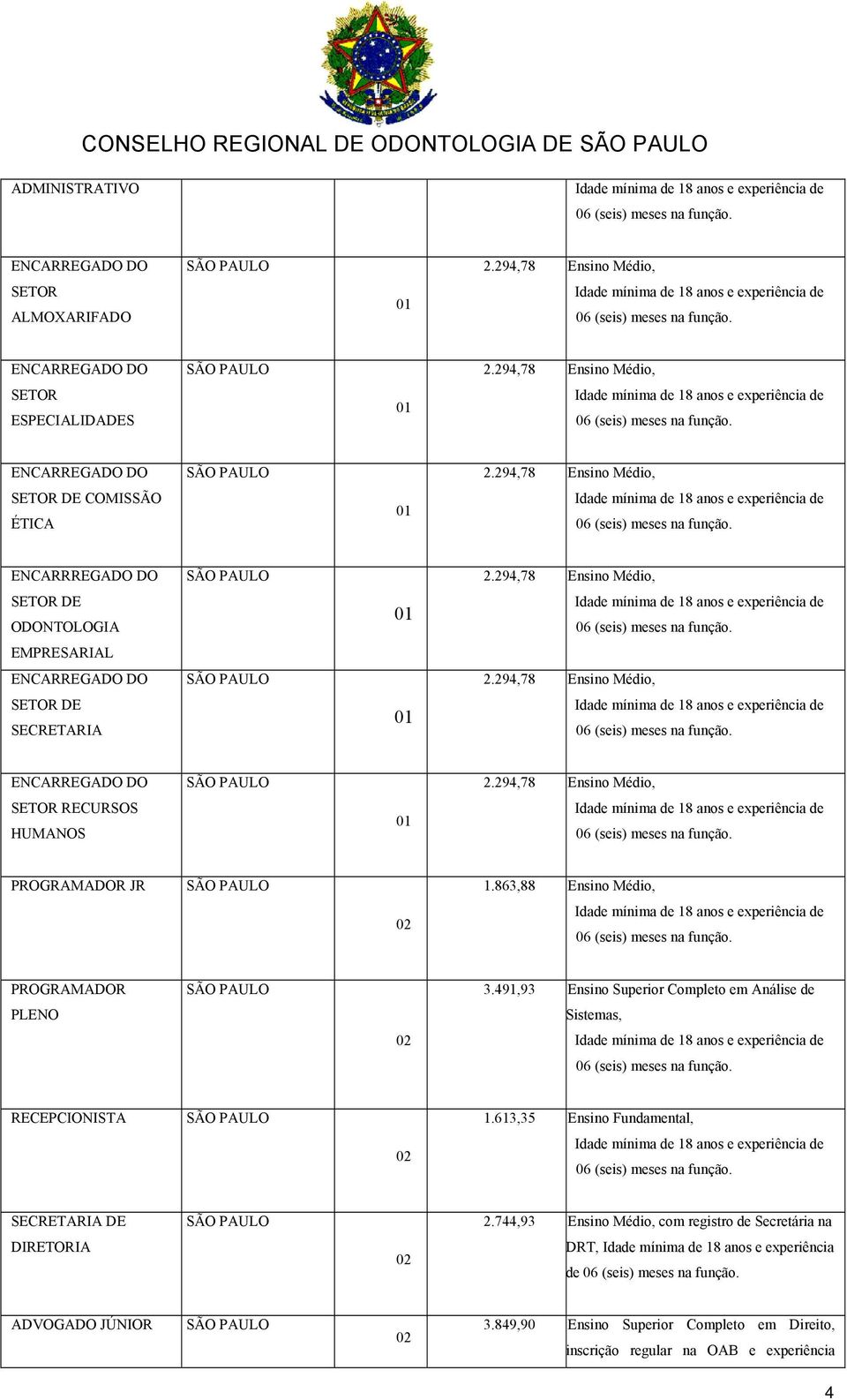 294,78 Ensino Médio, SETOR RECURSOS HUMANOS PROGRAMADOR JR 1.863,88 Ensino Médio, 02 PROGRAMADOR 3.491,93 Ensino Superior Completo em Análise de PLENO Sistemas, 02 RECEPCIONISTA 1.