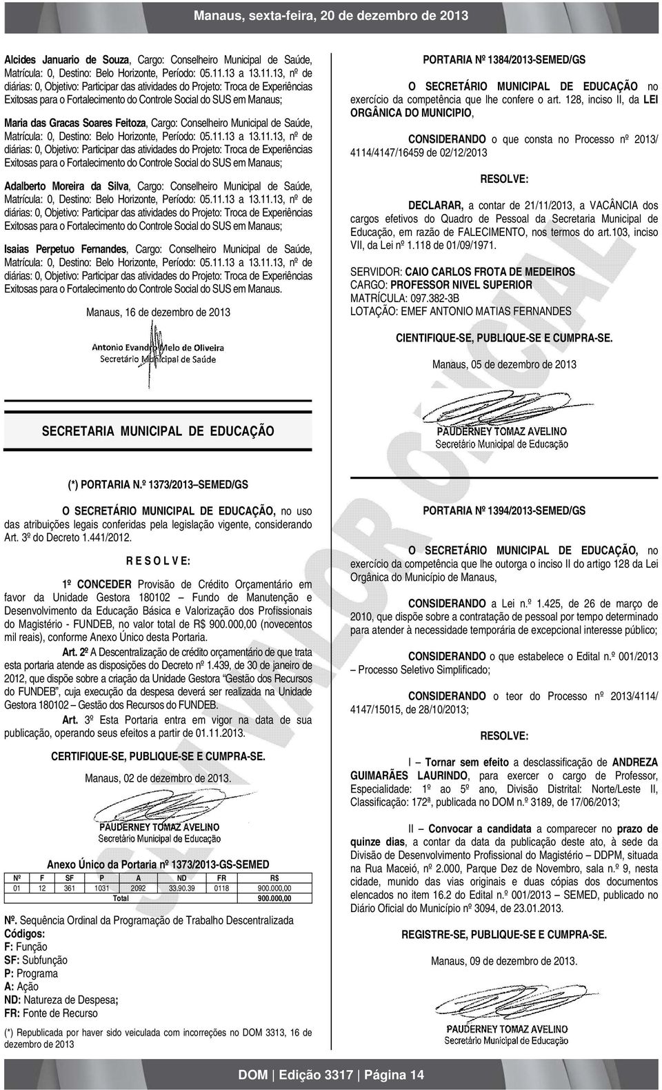 13, nº de diárias: 0, Objetivo: Participar das atividades do Projeto: Troca de Experiências Exitosas para o Fortalecimento do Controle Social do SUS em Manaus; Maria das Gracas Soares Feitoza, Cargo: