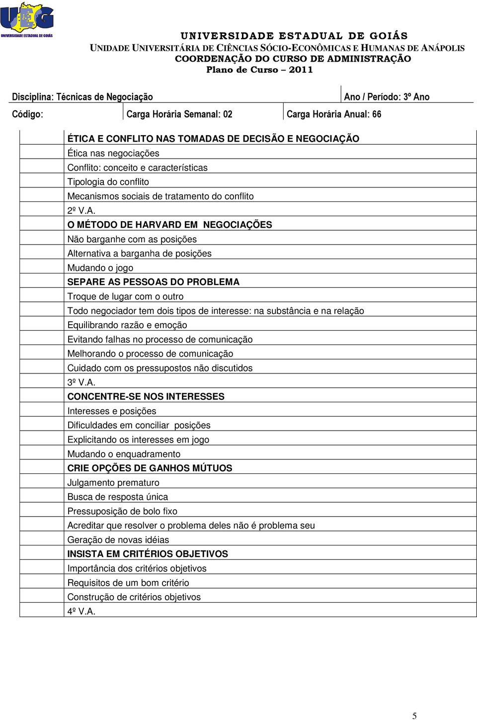 TOMADAS DE DECISÃO E NEGOCIAÇÃO Ética nas negociações Conflito: conceito e características Tipologia do conflito Mecanismos sociais de tratamento do conflito 2º V.A. O MÉTODO DE HARVARD EM