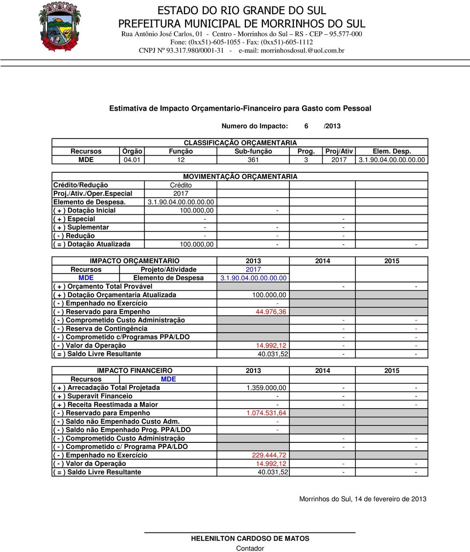 01 12 361 3 2017 3.1.90.04.00.00.00.00 Crédito/Redução Proj./Ativ./Oper.Especial Elemento de Despesa.