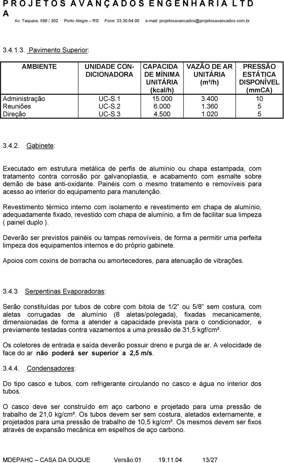 UC-S.3 CPCID DE MÍNIM UNITÁRI (kcal/h) 15.000 6.000 4.500 VZÃO DE R UNITÁRI (m³/h) 3.400 1.360 1.020