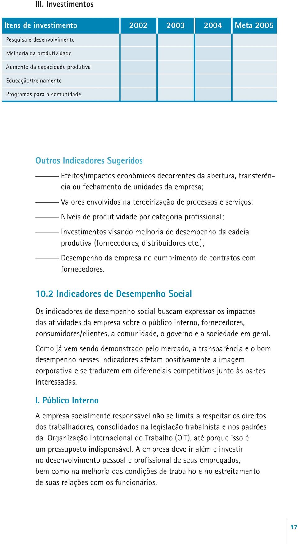 Níveis de produtividade por categoria profissional; Investimentos visando melhoria de desempenho da cadeia produtiva (fornecedores, distribuidores etc.