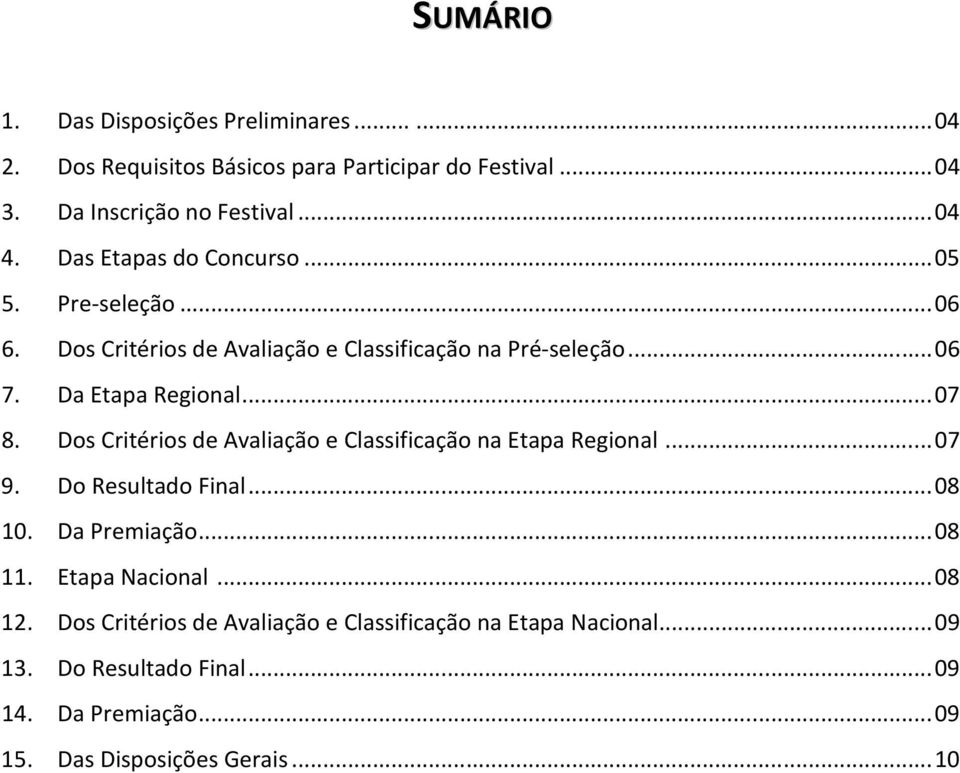 Dos Critérios de Avaliação e Classificação na Etapa Regional... 07 9. Do Resultado Final... 08 10. Da Premiação... 08 11. Etapa Nacional... 08 12.