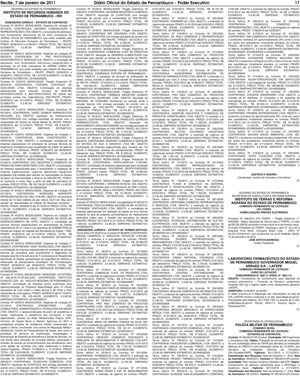 exemplares do JORNAL FOLHA DE PERNAMBUCO, que serão recebidos pelo Instituto de Recursos Humanos de Pernambuco IRH/PE; PRAZO: 22/06/2010 a 21/06/2011; PREÇO TOTAL: R$ 1.642,50; ELEMENTO: 3.3.90.