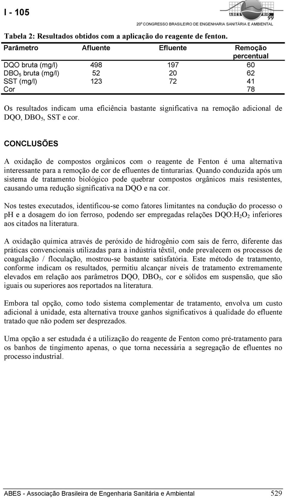 remoção adicional de DQO, DBO 5, SST e cor. CONCLUSÕES A oxidação de compostos orgânicos com o reagente de Fenton é uma alternativa interessante para a remoção de cor de efluentes de tinturarias.