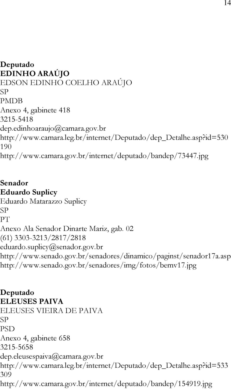 02 (61) 3303-3213/2817/2818 eduardo.suplicy@senador.gov.br http://www.senado.gov.br/senadores/dinamico/paginst/senador17a.asp http://www.senado.gov.br/senadores/img/fotos/bemv17.