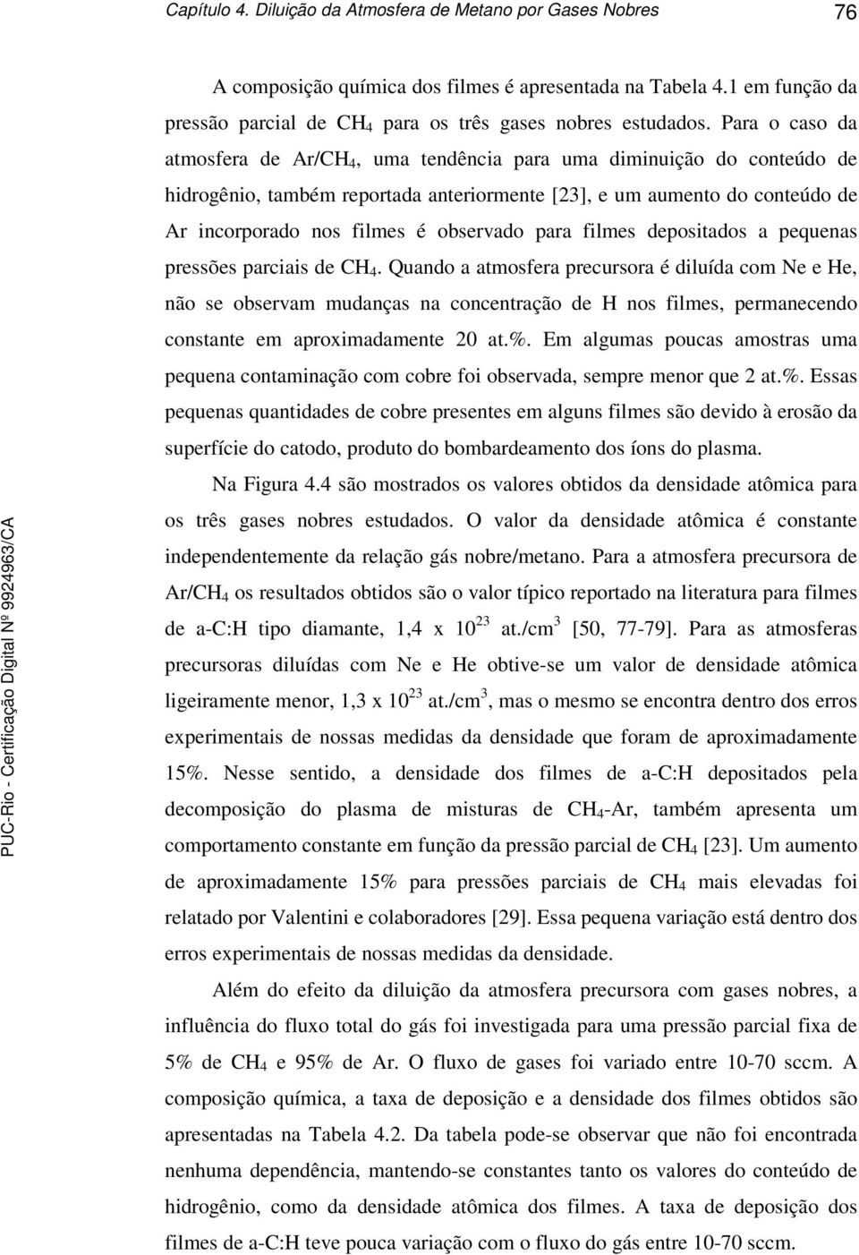 observado para filmes depositados a pequenas pressões parciais de CH 4.