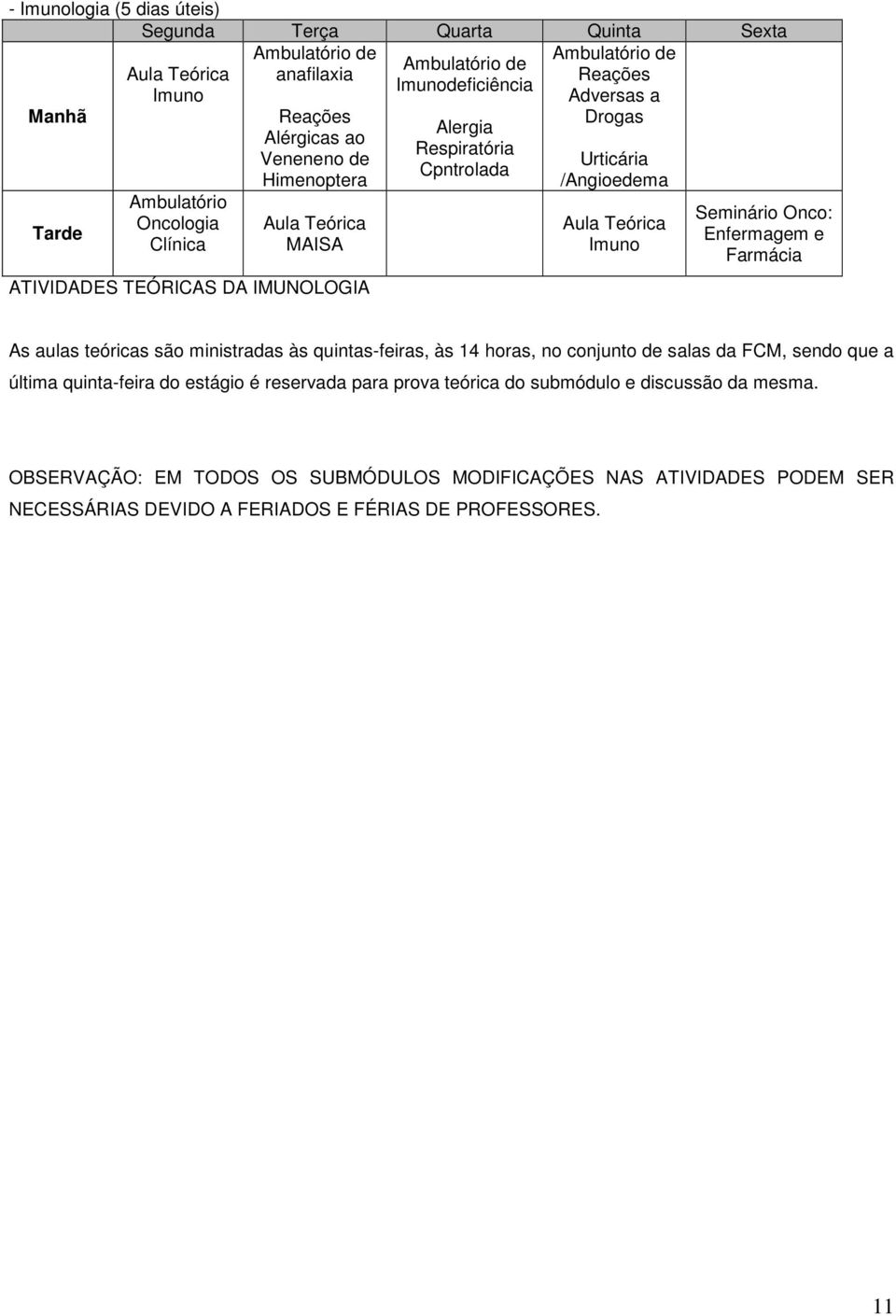 aulas teóricas são ministradas às quintas-feiras, às 14 horas, no conjunto de salas da FCM, sendo que a última quinta-feira do estágio é reservada para prova