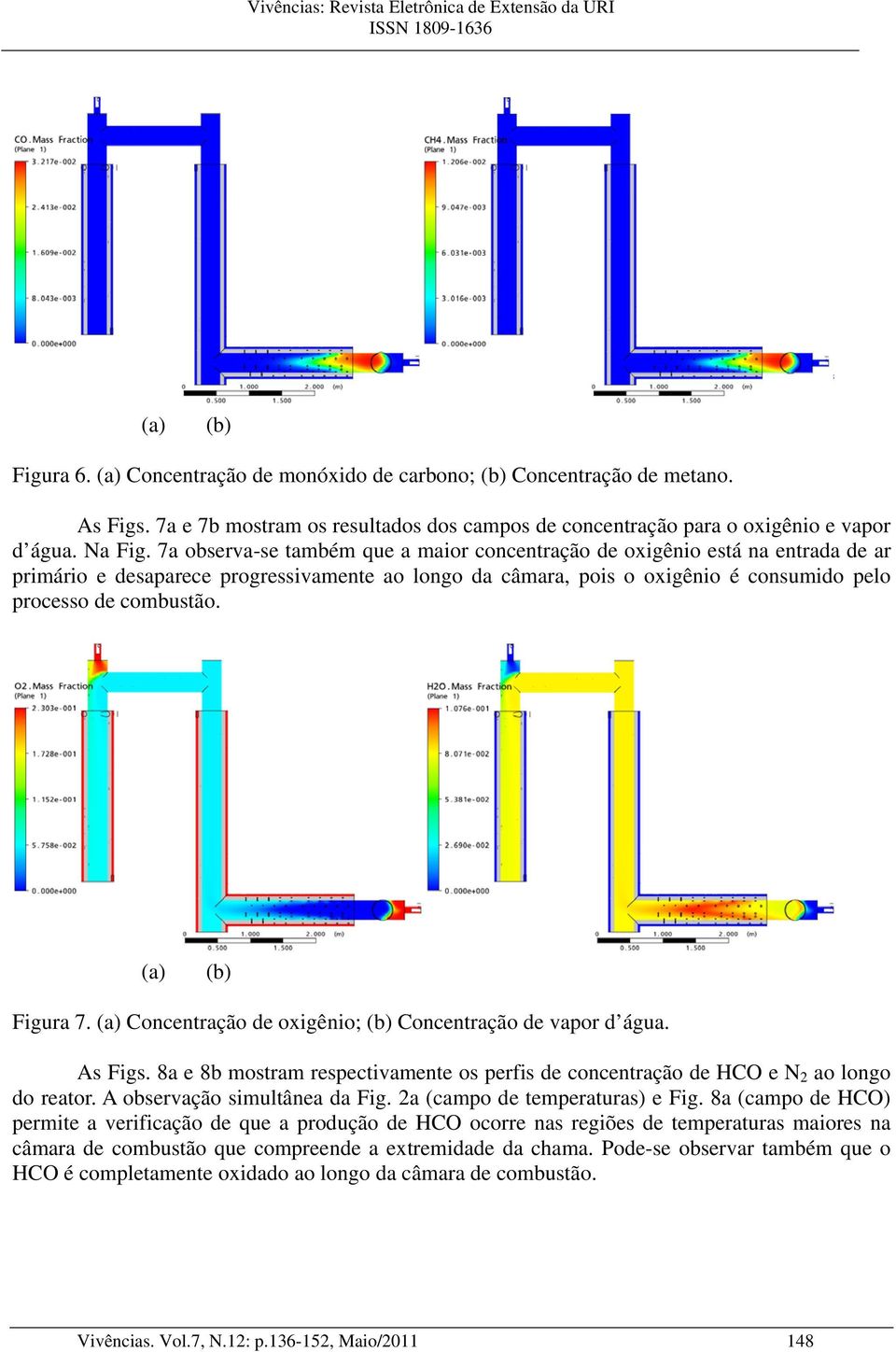 (a) (b) Figura 7. (a) Concentração de oxigênio; (b) Concentração de vapor d água. As Figs. 8a e 8b mostram respectivamente os perfis de concentração de HCO e N 2 ao longo do reator.