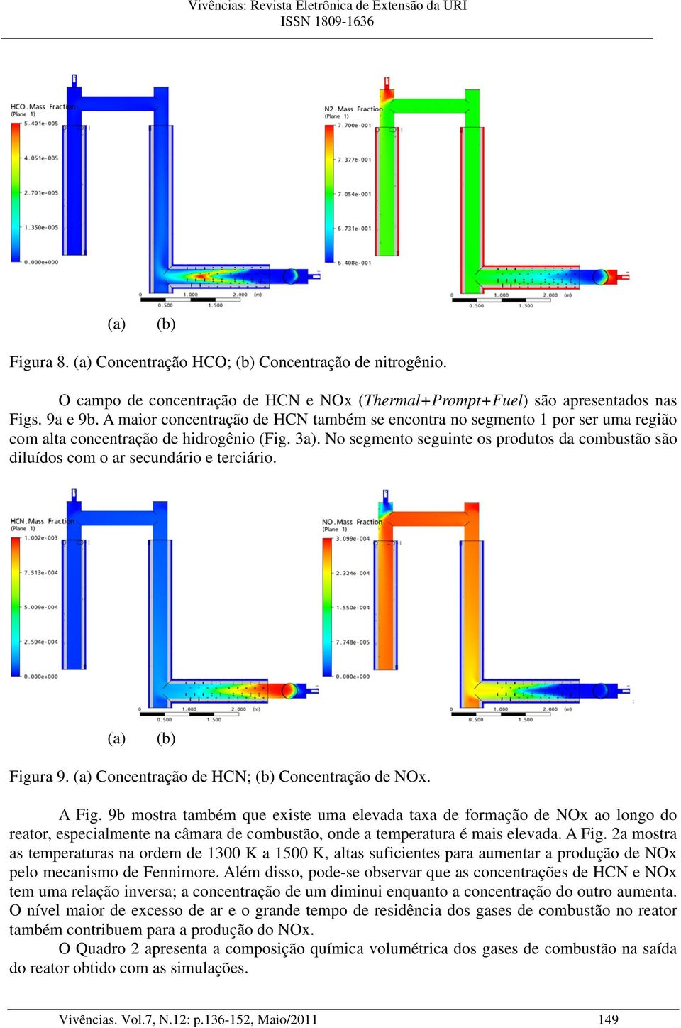 No segmento seguinte os produtos da combustão são diluídos com o ar secundário e terciário. (a) (b) Figura 9. (a) Concentração de HCN; (b) Concentração de NOx. A Fig.