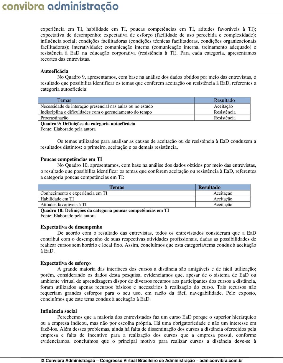 resistência à EaD na educação corporativa (resistência à TI). Para cada categoria, apresentamos recortes das entrevistas.