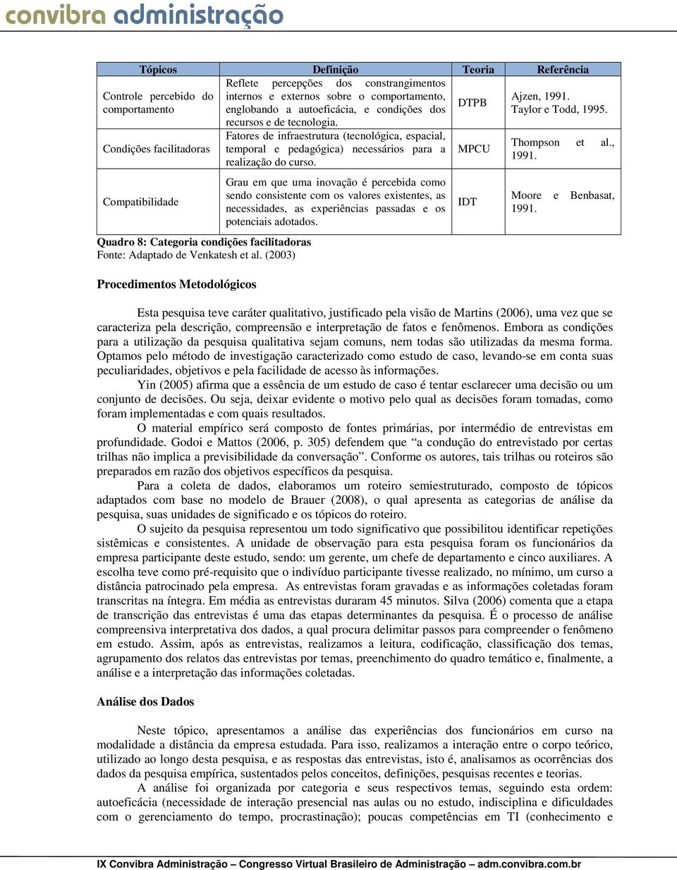 (2003) Procedimentos Metodológicos Fatores de infraestrutura (tecnológica, espacial, temporal e pedagógica) necessários para a realização do curso.