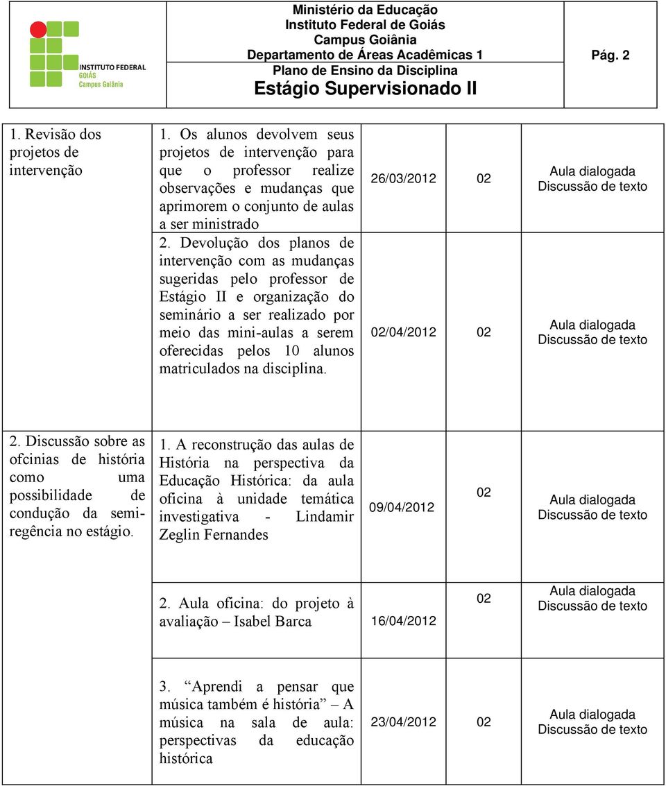 Devolução dos planos de intervenção com as mudanças sugeridas pelo professor de Estágio II e organização do seminário a ser realizado por meio das mini-aulas a serem oferecidas pelos 10 alunos