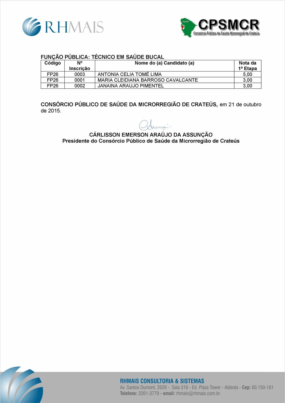 CONSÓRCIO PÚBLICO DE SAÚDE DA MICRORREGIÃO DE CRATEÚS, em 21 de outubro de 2015.