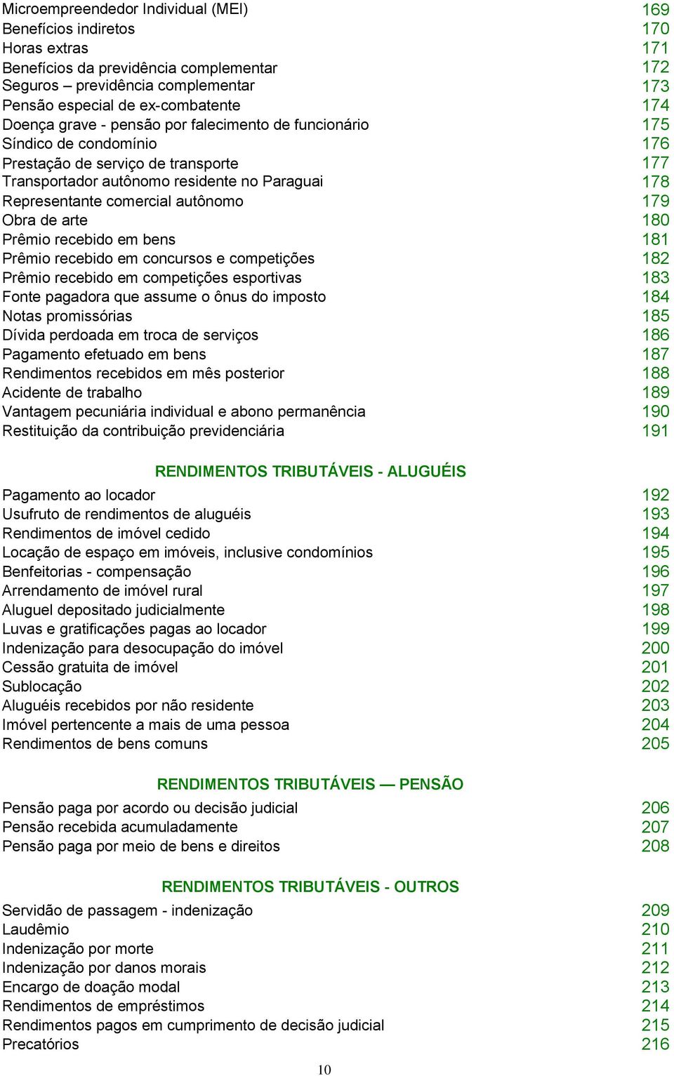 autônomo 179 Obra de arte 180 Prêmio recebido em bens 181 Prêmio recebido em concursos e competições 182 Prêmio recebido em competições esportivas 183 Fonte pagadora que assume o ônus do imposto 184