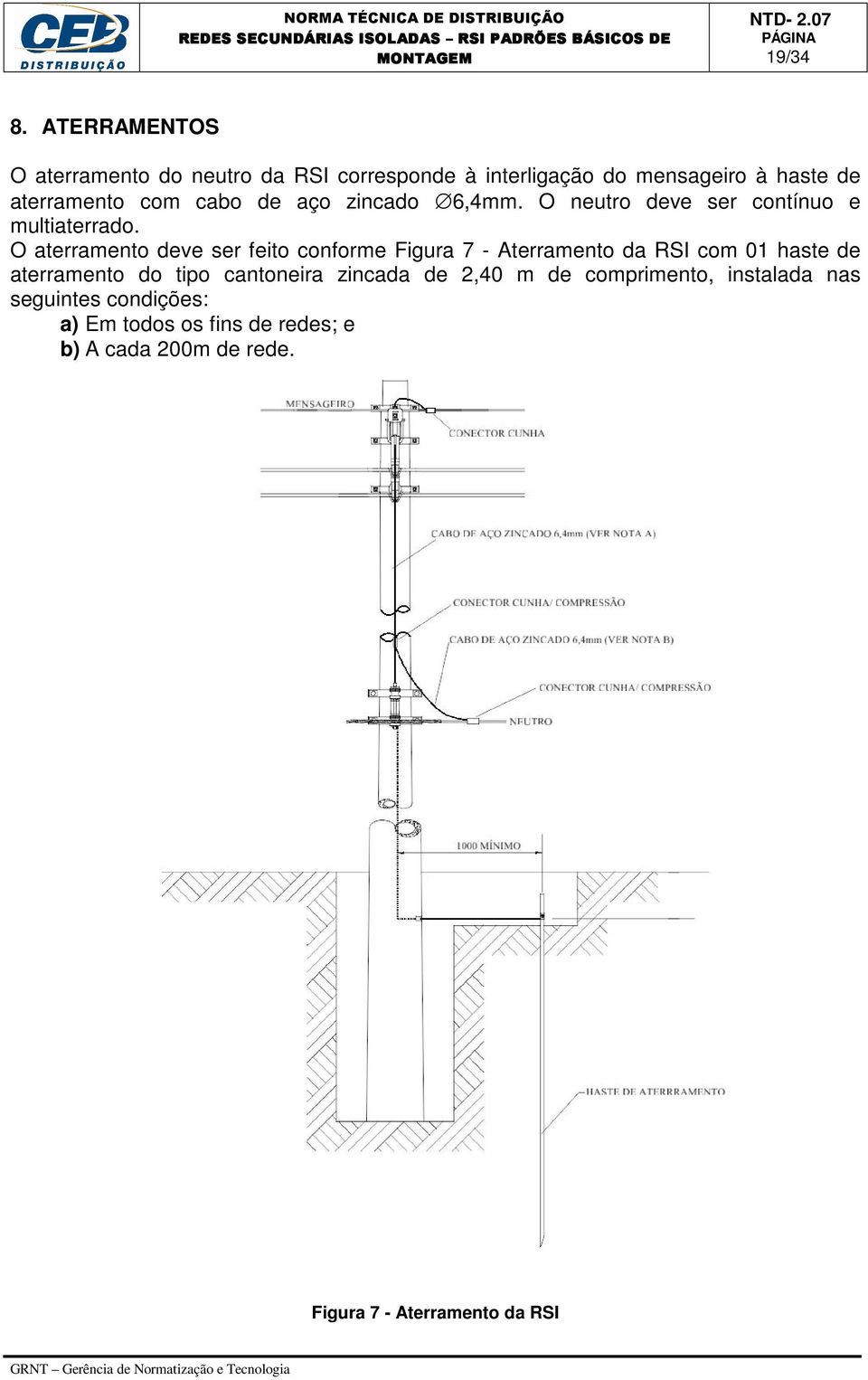 cabo de aço zincado 6,4mm. O neutro deve ser contínuo e multiaterrado.