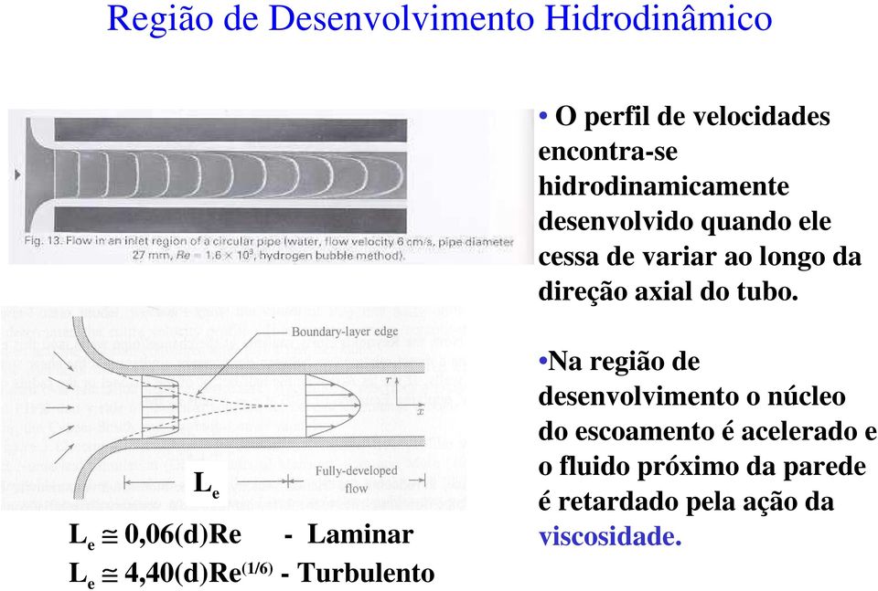 tubo. L e L e 0,06(d)Re - Laminar L e 4,40(d)Re (1/6) - Turbulento Na região de