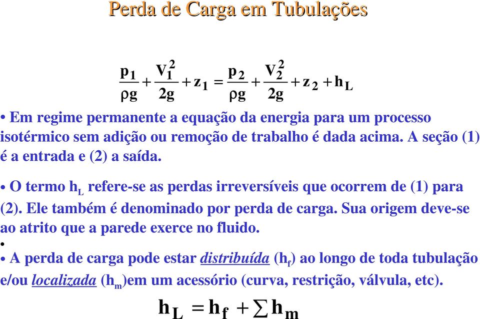 O termo h L refere-se as perdas irreversíveis que ocorrem de (1) para (). Ele também é denominado por perda de carga.