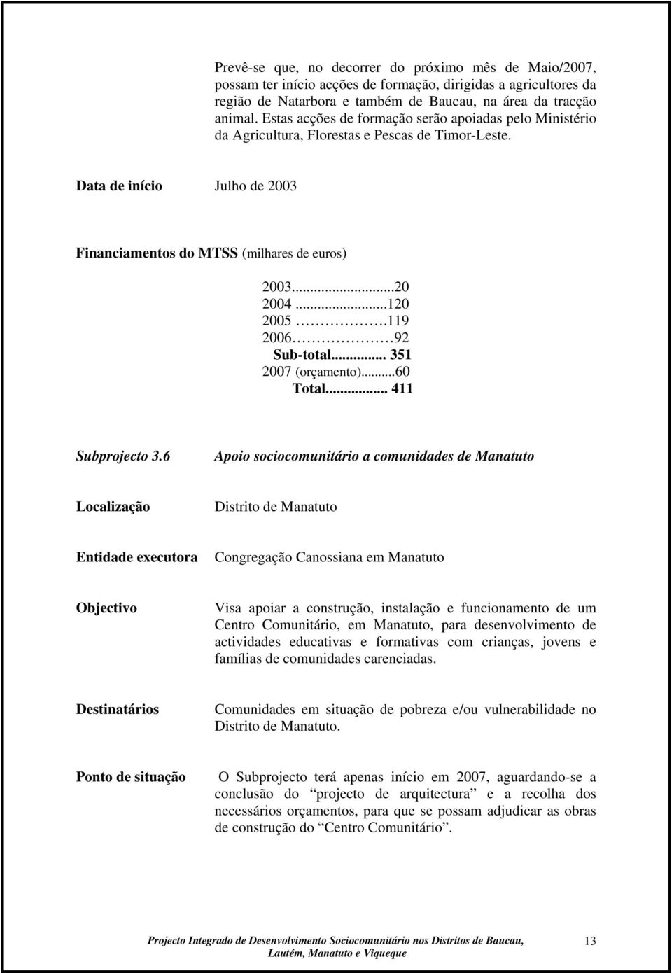 ..120 2005.119 2006 92 Sub-total... 351 2007 (orçamento)...60 Total... 411 Subprojecto 3.