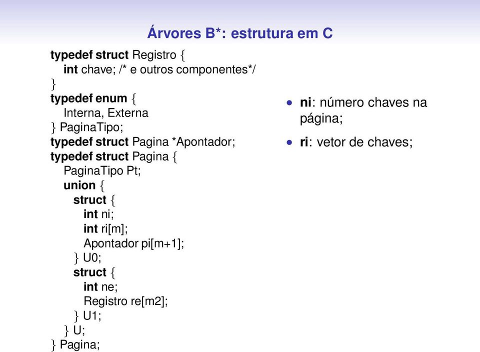 struct Pagina{ PaginaTipo Pt; union { struct { int ni; int ri[m]; Apontador pi[m+1]; } U0;