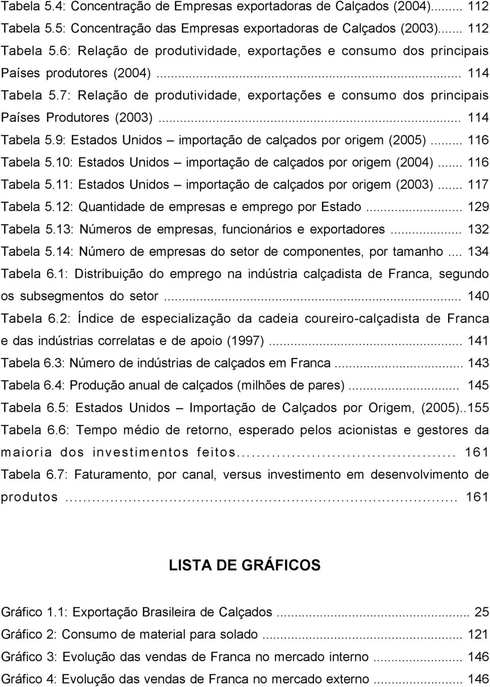 10: Estados Unidos importação de calçados por origem (2004)... 116 Tabela 5.11: Estados Unidos importação de calçados por origem (2003)... 117 Tabela 5.12: Quantidade de empresas e emprego por Estado.