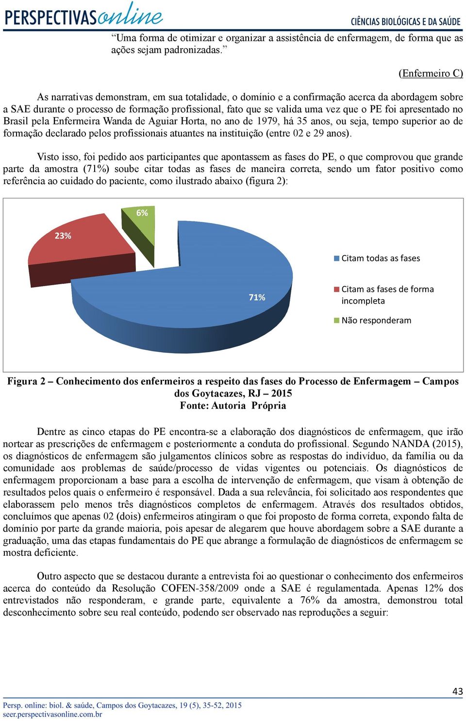 foi apresentado no Brasil pela Enfermeira Wanda de Aguiar Horta, no ano de 1979, há 35 anos, ou seja, tempo superior ao de formação declarado pelos profissionais atuantes na instituição (entre 02 e