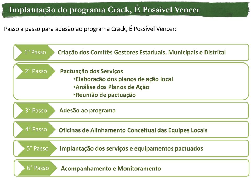 planos de ação local Análise dos Planos de Ação Reunião de pactuação Adesão ao programa 4 Passo 5 Passo Oficinas de