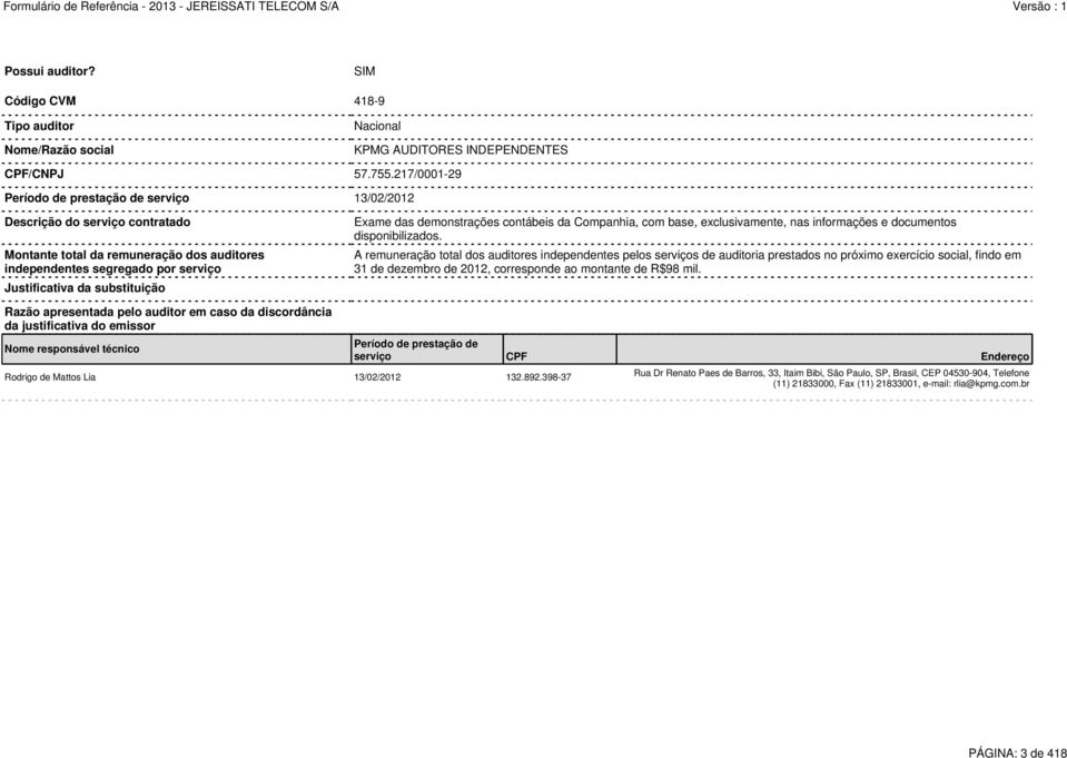 Exame das demonstrações contábeis da Companhia, com base, exclusivamente, nas informações e documentos disponibilizados.