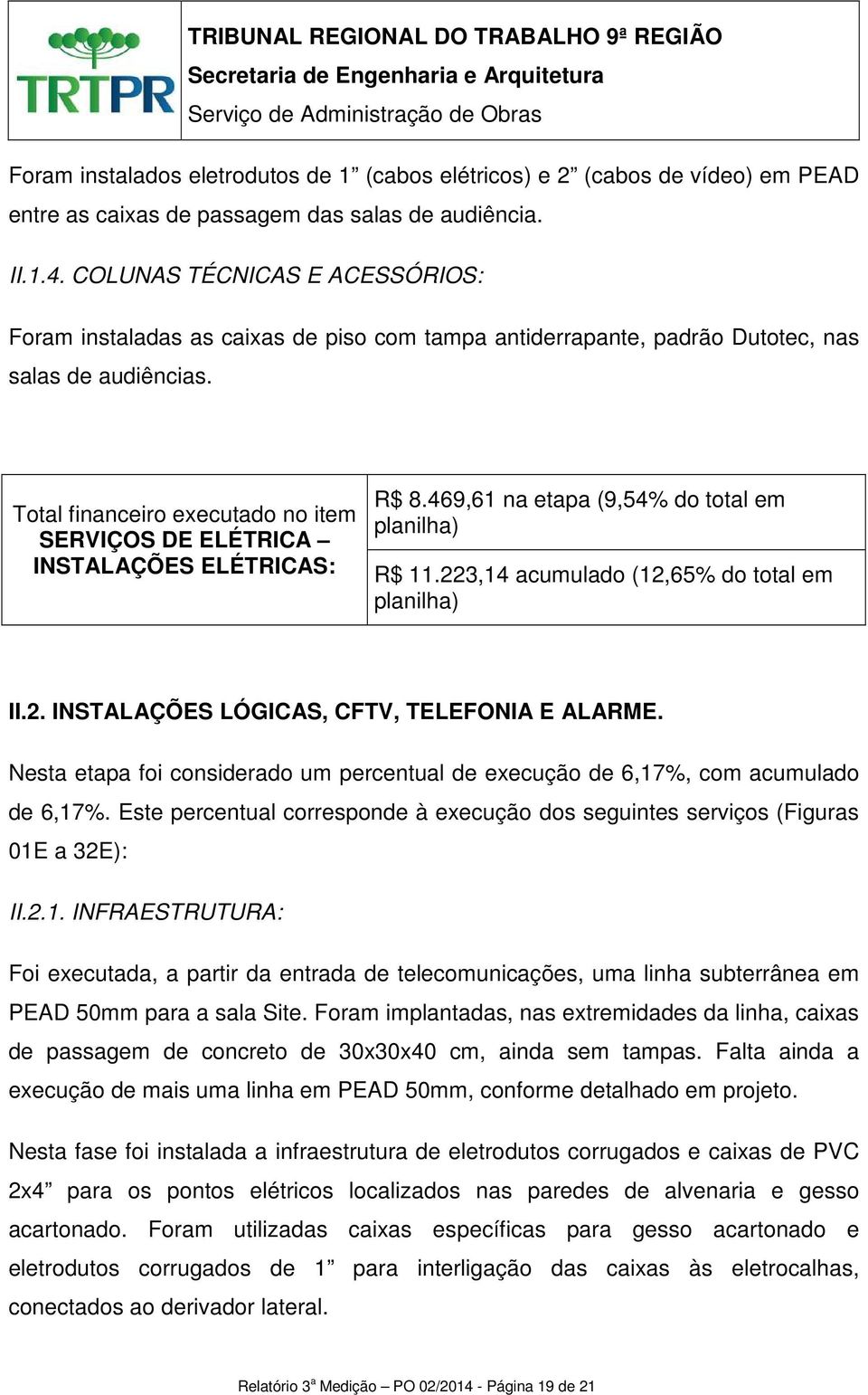 469,61 na etapa (9,54% do total em R$ 11.223,14 acumulado (12,65% do total em II.2. INSTALAÇÕES LÓGICAS, CFTV, TELEFONIA E ALARME.