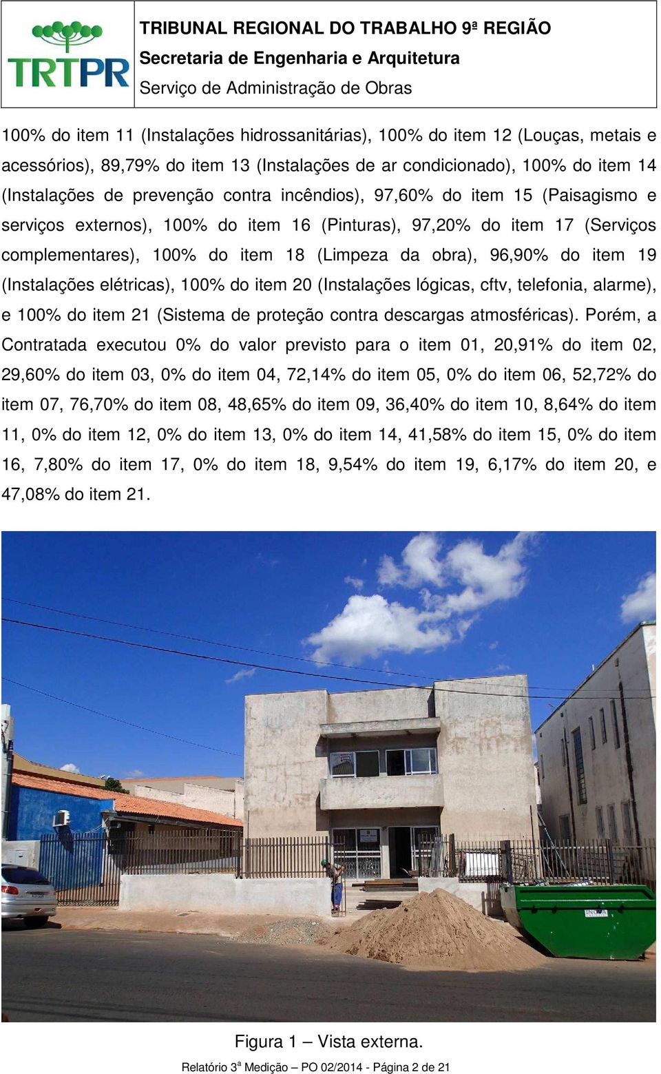 (Instalações elétricas), 100% do item 20 (Instalações lógicas, cftv, telefonia, alarme), e 100% do item 21 (Sistema de proteção contra descargas atmosféricas).