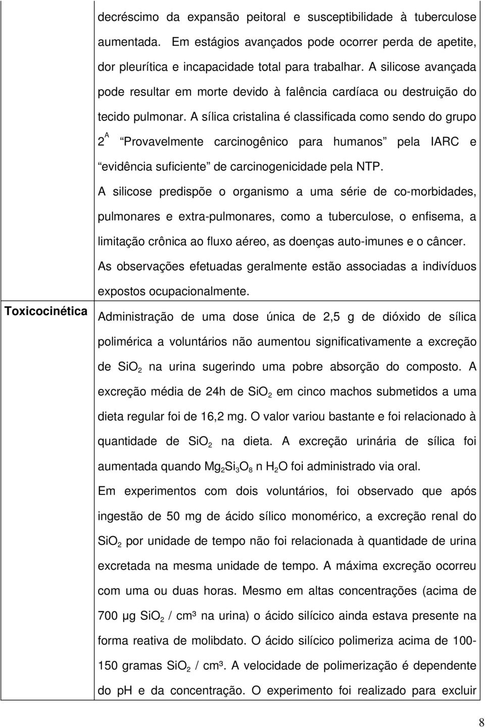 A sílica cristalina é classificada como sendo do grupo 2 A Provavelmente carcinogênico para humanos pela IARC e evidência suficiente de carcinogenicidade pela NTP.