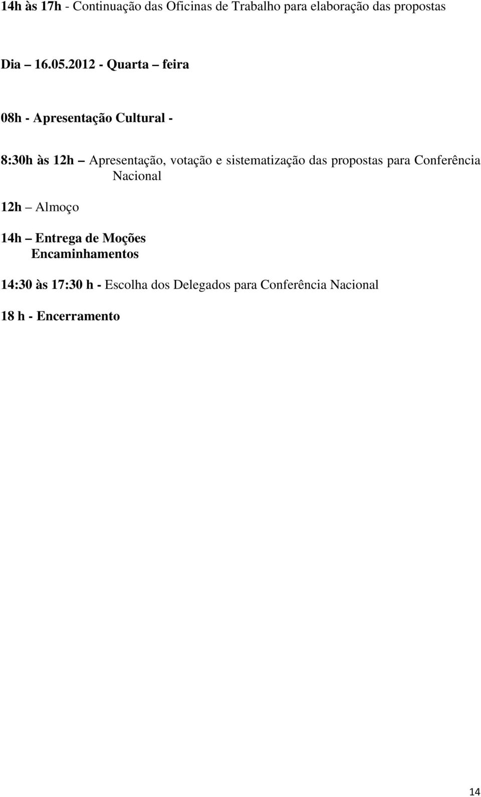 sistematização das propostas para Conferência Nacional 12h Almoço 14h Entrega de Moções