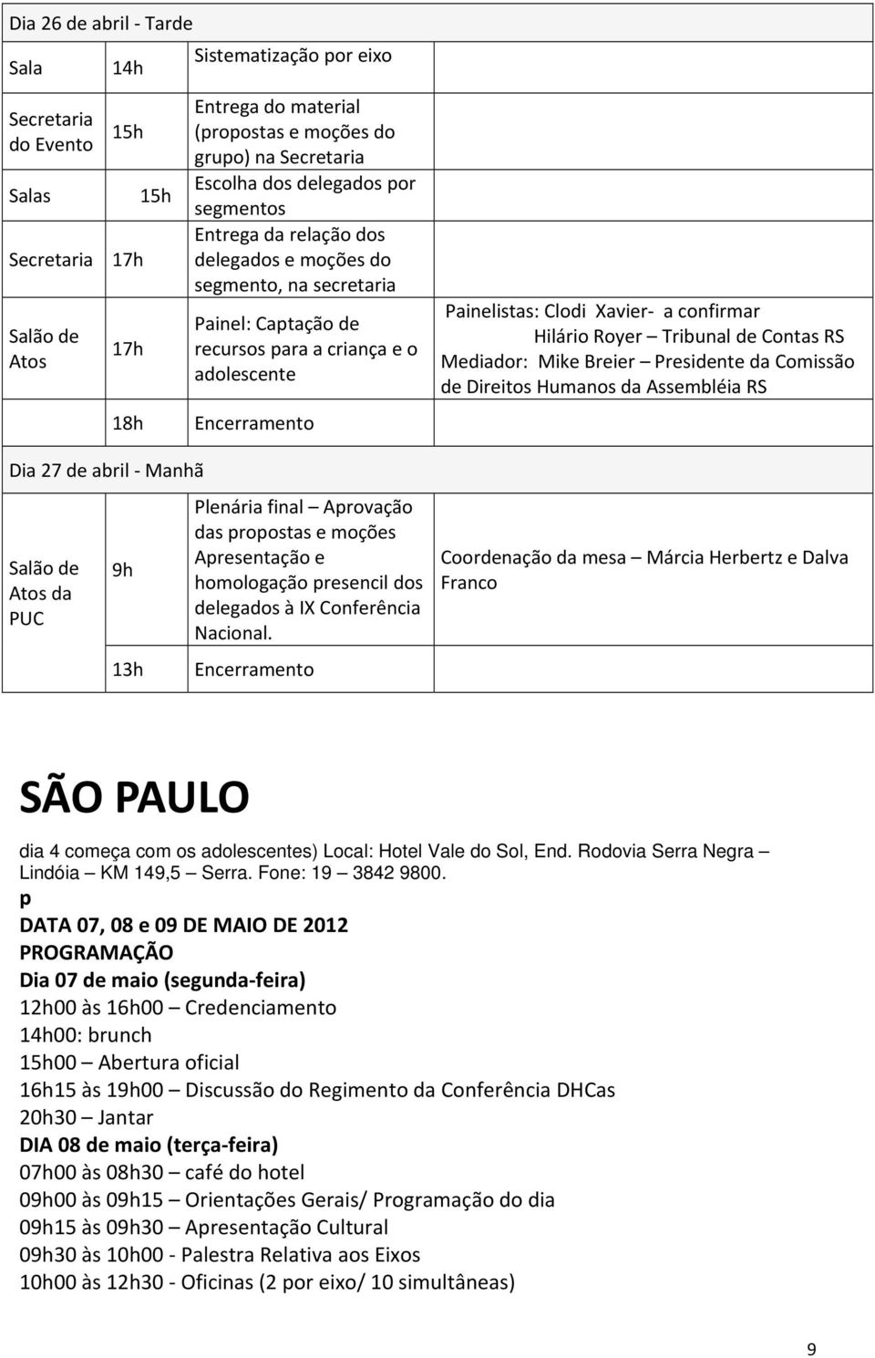 adolescente Encerramento Plenária final Aprovação das propostas e moções Apresentação e homologação presencil dos delegados à IX Conferência Nacional.