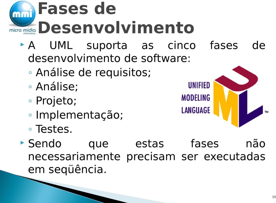 Análise; Projeto; Implementação; Testes.