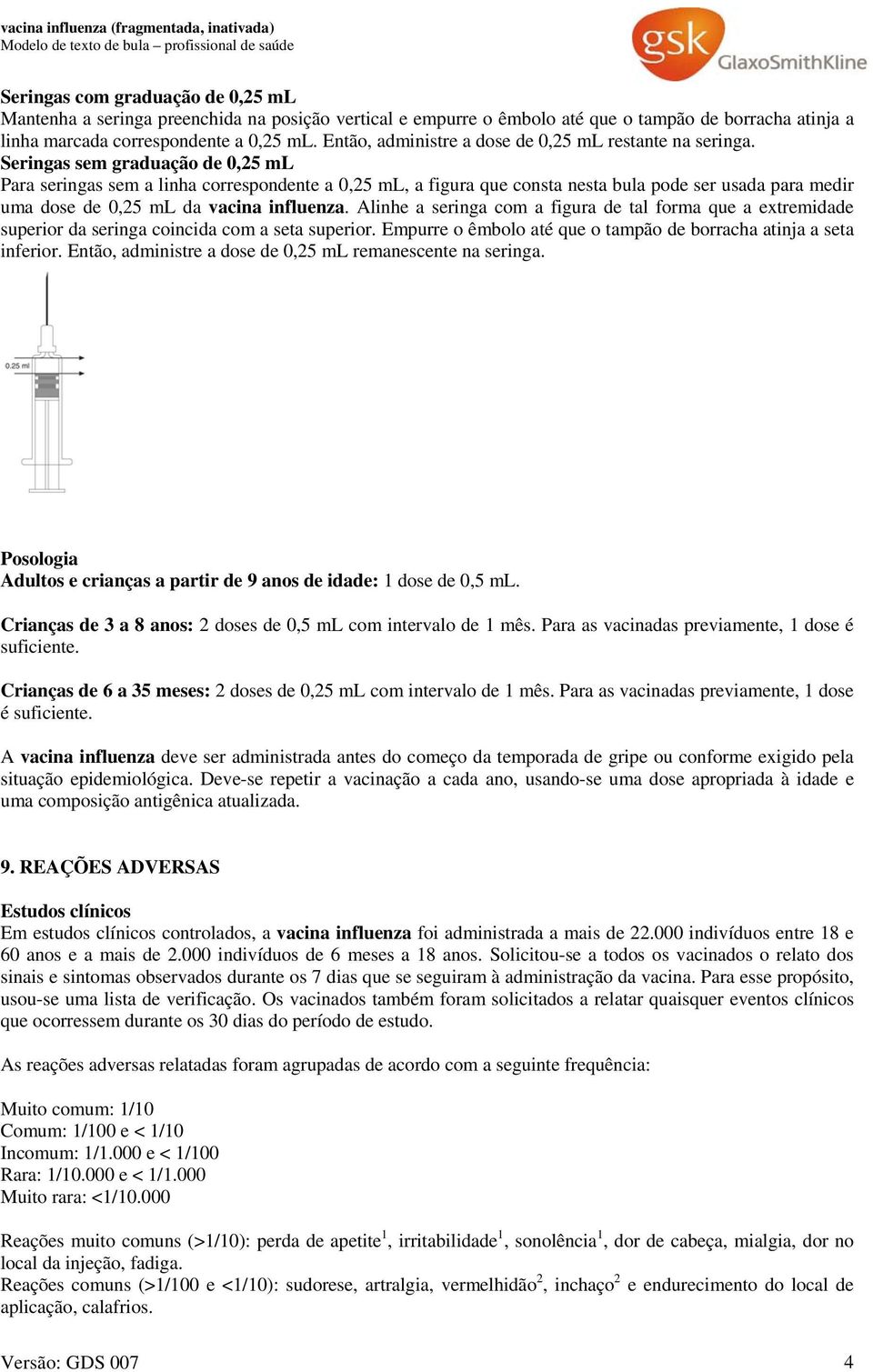 Seringas sem graduação de 0,25 ml Para seringas sem a linha correspondente a 0,25 ml, a figura que consta nesta bula pode ser usada para medir uma dose de 0,25 ml da vacina influenza.