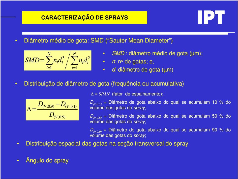 1) = Diâmetro de gota abaixo do qual se acumulam 10 % do volume das gotas do spray; D (v,0.