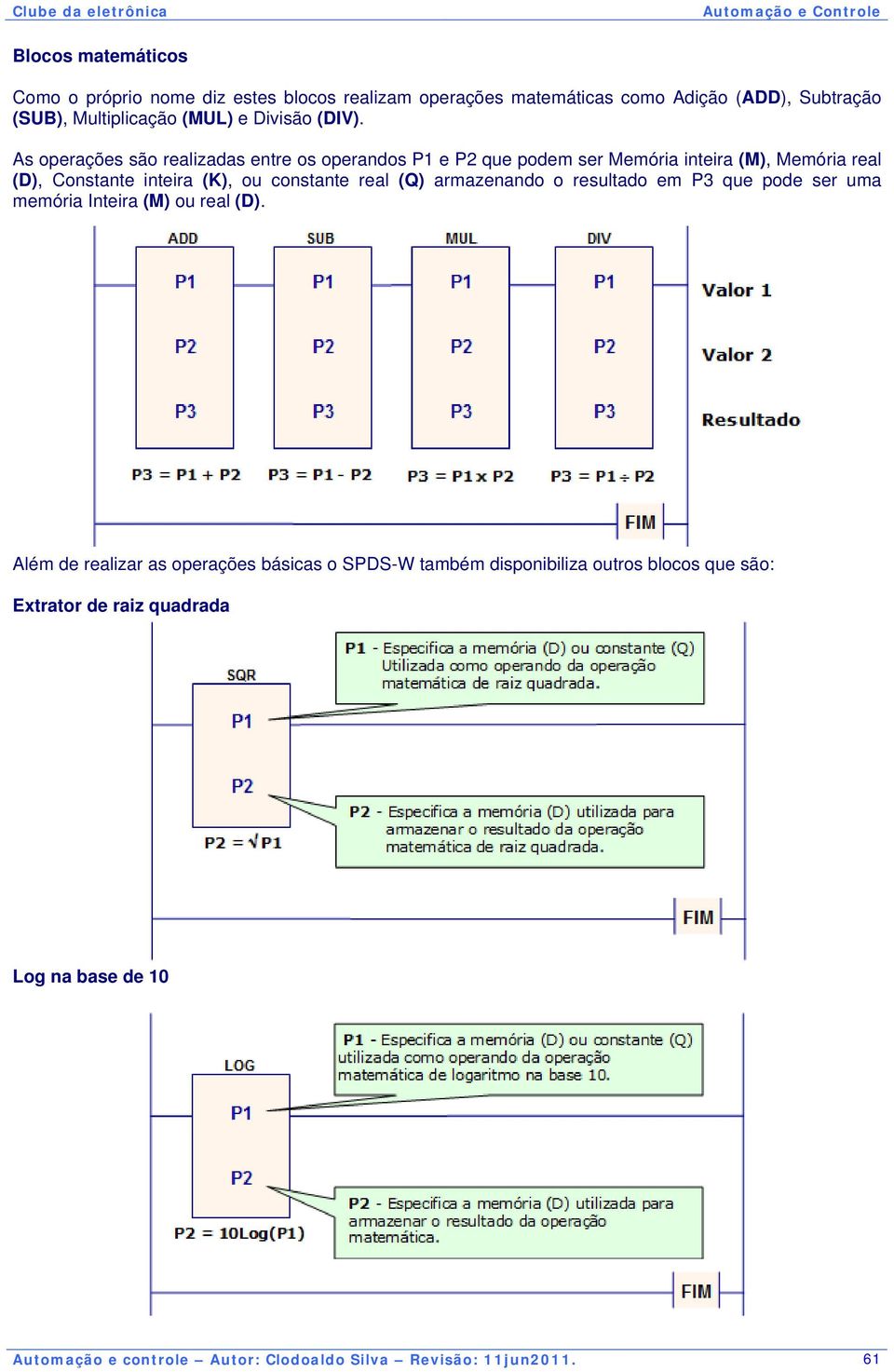 As operações são realizadas entre os operandos P1 e P2 que podem ser Memória inteira (M), Memória real (D), Constante inteira (K), ou constante real