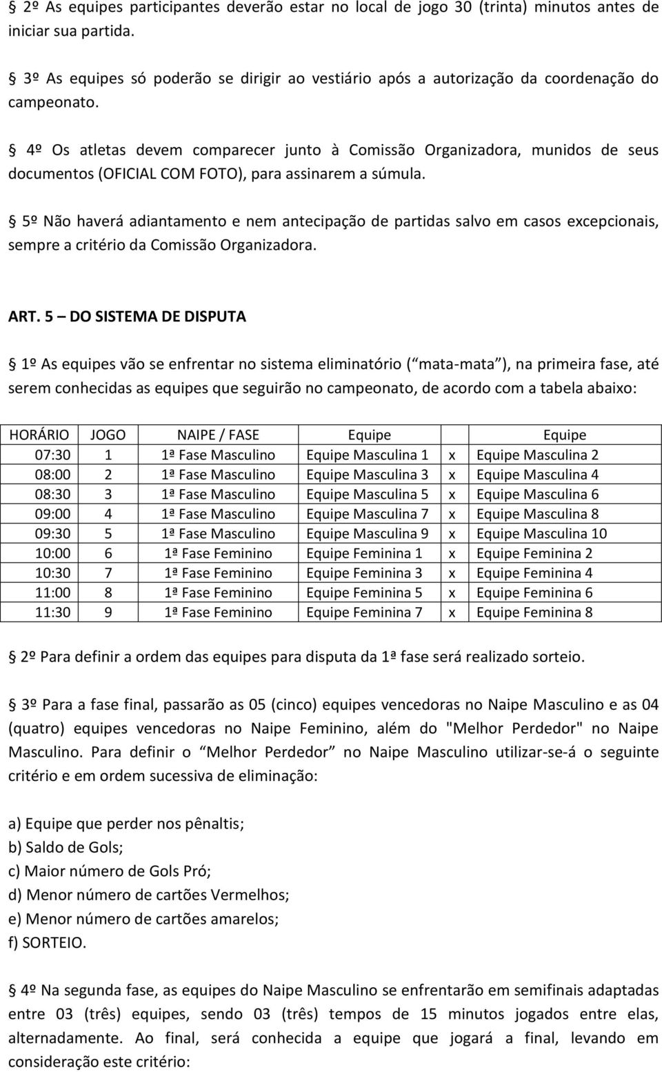 4º Os atletas devem comparecer junto à Comissão Organizadora, munidos de seus documentos (OFICIAL COM FOTO), para assinarem a súmula.