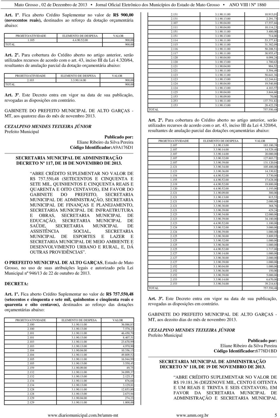 320/64, resultantes de anulação parcial da dotação orçamentária abaixo: PROJETO/ATIVIDADE ELEMENTO DE DESPESA VALOR 2.103 3.3.90.14.00 900,00 TOTAL 900,00 Art. 3º.